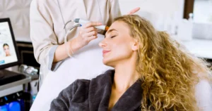 A woman receiving a professional microneedling treatment using the MicroPen in Austin, Texas