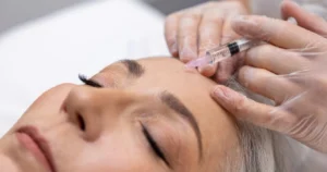 Woman receiving a forehead cosmetic injection with fillers in Austin, TX from a gloved practitioner.